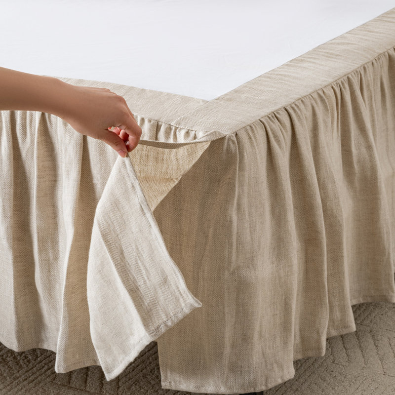 Split Corner Linen Cotton Blend Herringbone Textured Bed Skirt ,16" Free Ruffle Pleat, Full