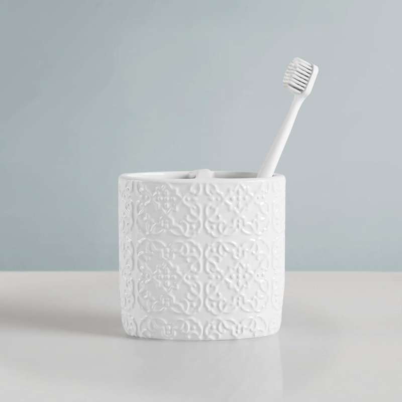 Ceramic Bathroom Set (Embossed Damask Medallion): Dispenser, Toothbrush Holder, Tumbler, Trinket Dish, White