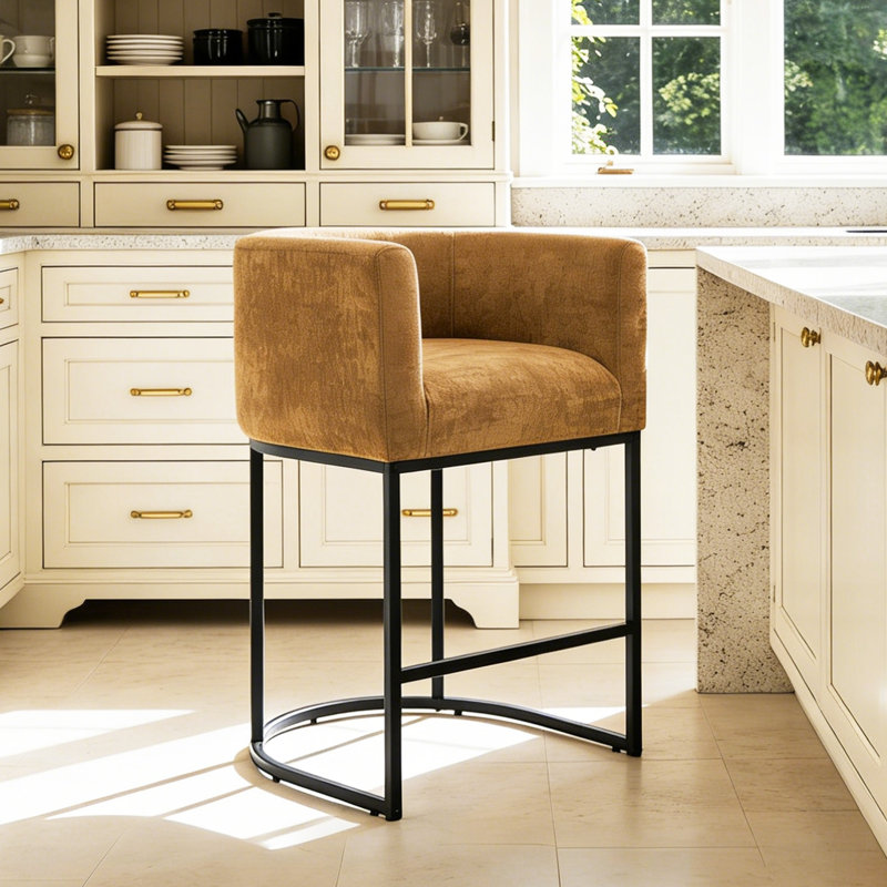 26" Upholstered Metal Barrel Counter Bar Stool, Yellow Seat/Black Frame, 1