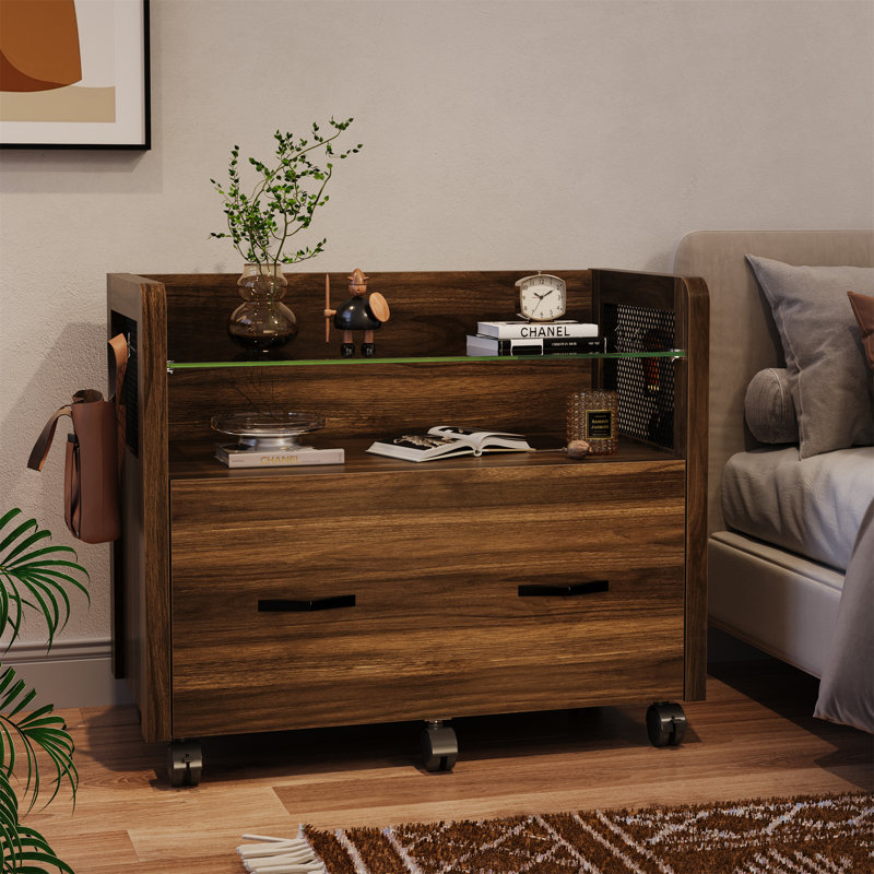 Preble Mobile File Cabinet with Drawer and Hooks, Brown