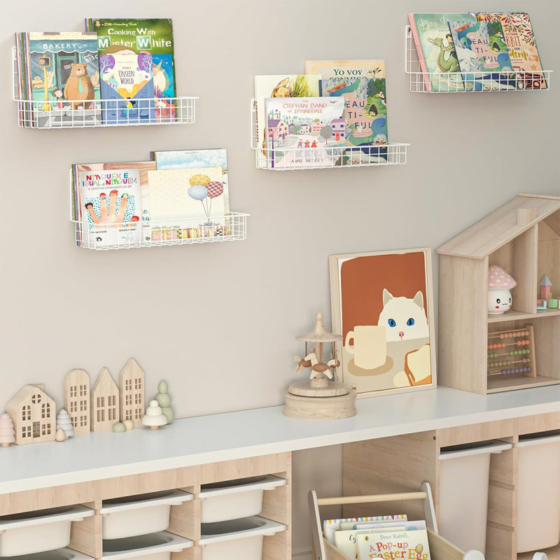  4-Pack Wall Mounted Metal Kids Bookshelf, Floating Book Shelves for Kids Nursery Toddler Bedroom Classroom, Hanging Book Shelf Storage Organizer for Room Decor, White