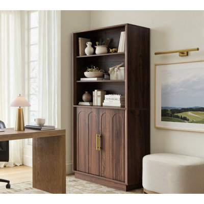 71" Tall Storage Cabinet with Hutch, Mid Century Modern Arched Cabinet with Wood Grain Texture, Minimalist Display Bookcase for Living Room, Kitchen, Home Office, Bathroom Walnut