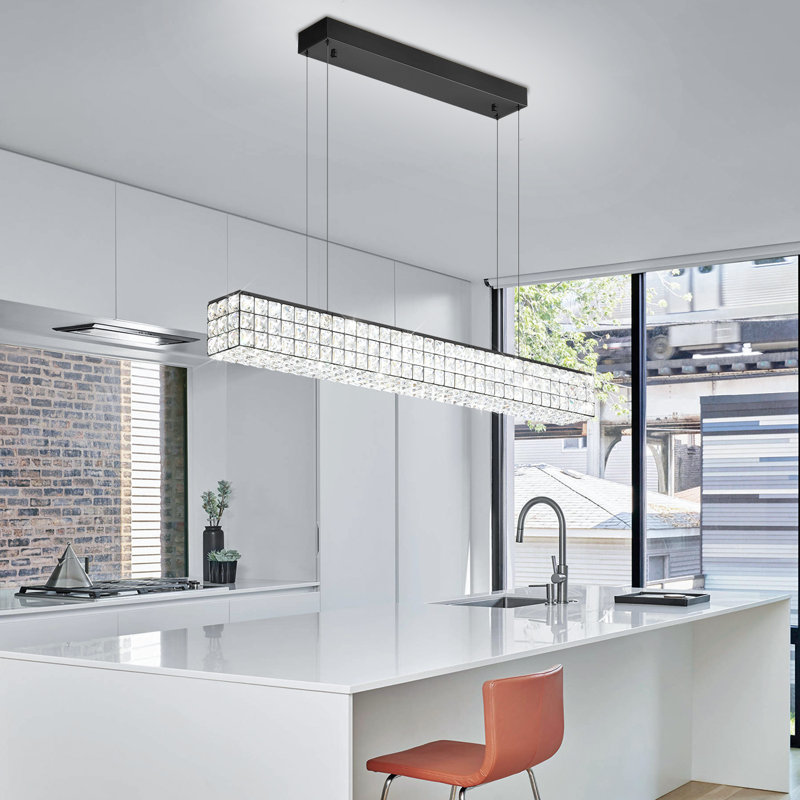 Modern Crystal Chandelier Rectangular Crystal Chandelier Contemporary Linear Pendant Ceiling Light Fixture For Living Dining Room Kitchen Island (l 40")