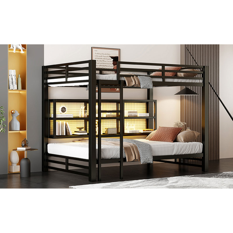Grand lit superposé en métal, finition noire, 7 couleurs, rangement, jeux de société en métal, noir, garde-corps, sommeil sécuritaire
