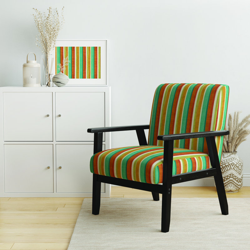 «Haegen - Rayures verticales abstraites bleues, vertes et oranges - Fauteuil rembourré style Mid-Century