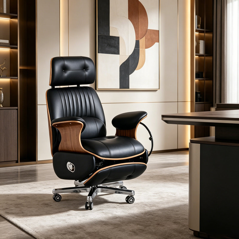 Fauteuil de direction haut de gamme en cuir noir et noyer 48,03 po de style italien avec contrôle électrique avec repose-pieds et fonction d'inclinaison