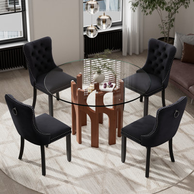 Ensemble de table de salle à manger ronde en verre avec base géométrique et chaises en velours 4/6 pour les petits espaces, la salle à manger et la cuisine