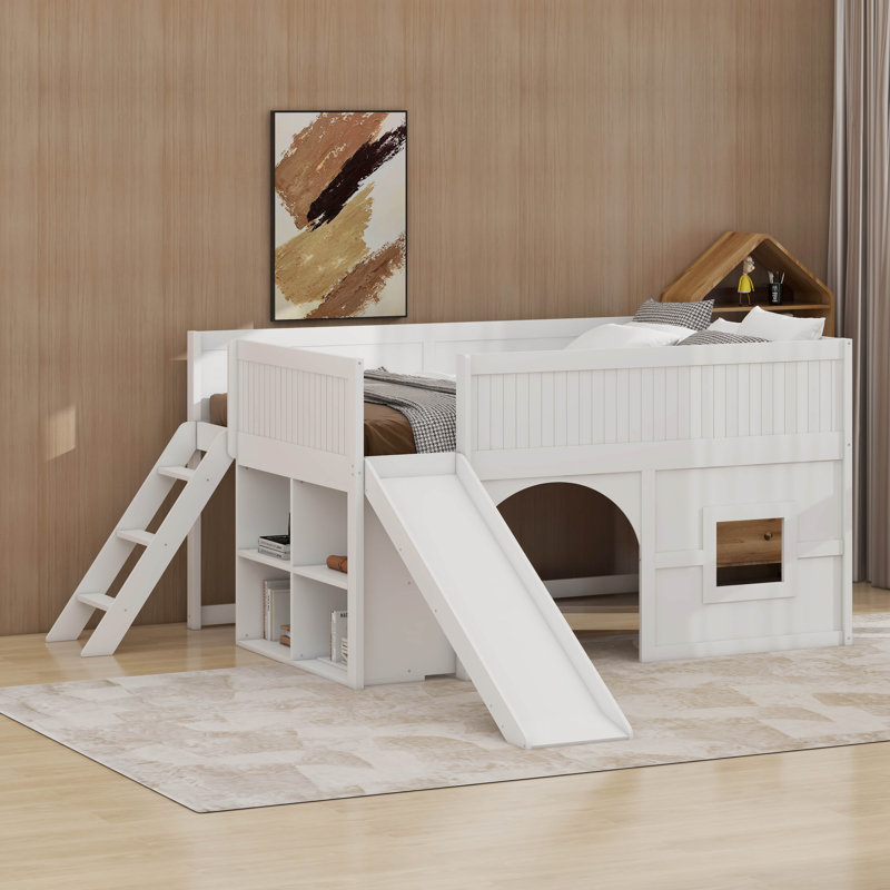 Full Size Wooden Low Loft Bed With Storage Shelves And Slide,Door And Window Design, White