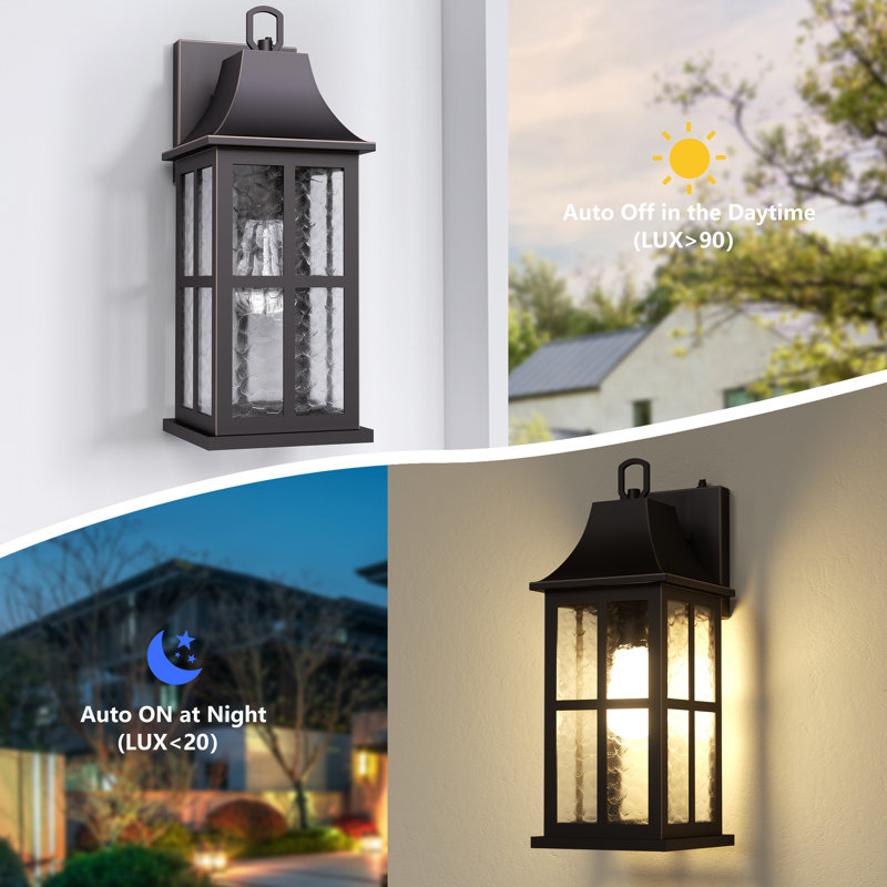 Zanyla 18''H Oil Rubbed Bronze Iron ETL Clear Hammered Glass Outdoor Wall Lantern with Dusk to Dawn, Oil Rubbed Bronze