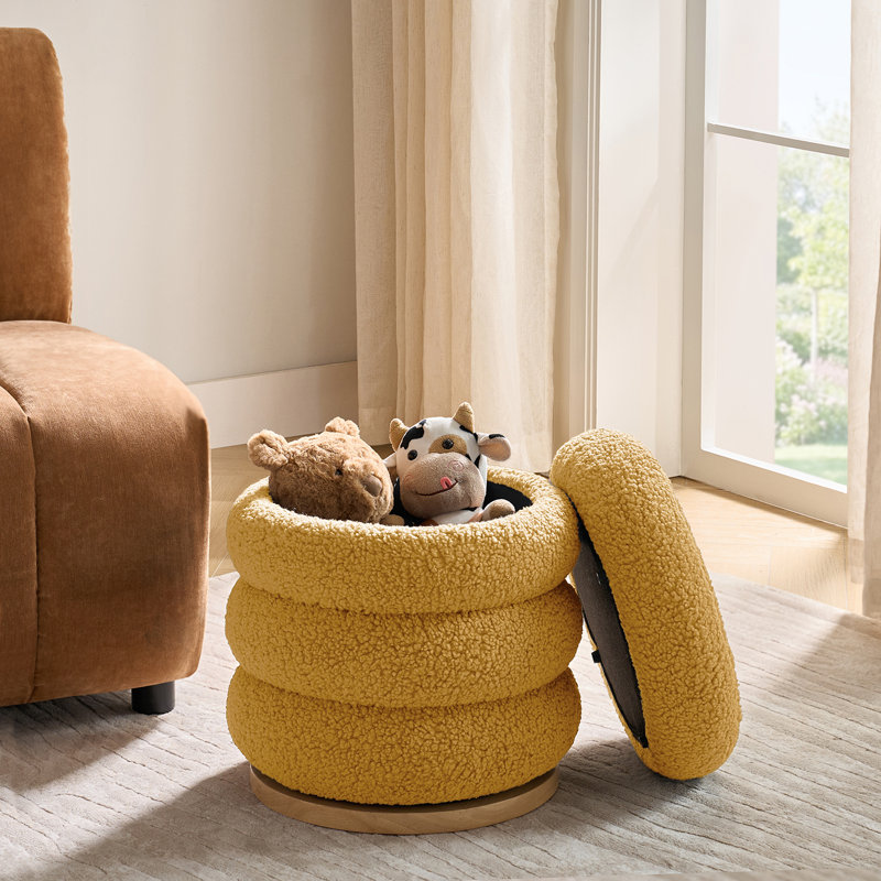Rosa Modern Storage 360°Swivel Round Ottoman With Solid Wood Base, Mustard