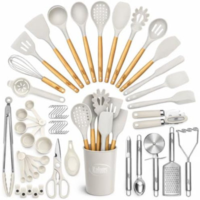 Ensemble de 50 ustensiles de cuisine en silicone – Ensemble complet pour la cuisine – Résistant à la chaleur jusqu'à 427 °C (800 °F), antiadhésif, avec manches en bois – Ouvre-boîte, presse-purée, spatule, etc.