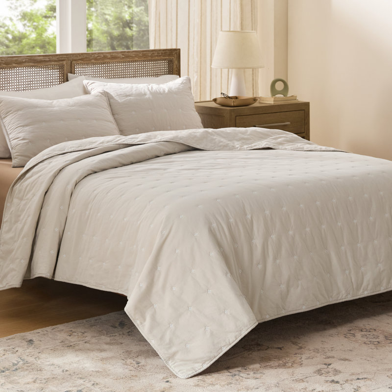 Ensemble de courtepointe 100% coton de literie, couvre-lit doux et léger, édredon 3 pièces avec 2 taies décoratives à motif de trèfle brodé