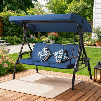 3 Seat Outdoor Patio Swing With Adjustable Canopy, 3-In-1 Convertible Swing Bed With Non-Slip Cushion & Cup Holders, Heavy Duty 750 LBS Capacity For Adults, Yard Deck Garden Porch