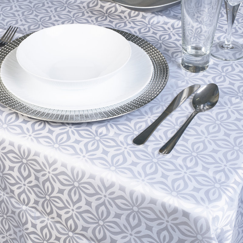 Damask Patterned Tablecloth, 220cm L x 150cm W, White Flower Pattern