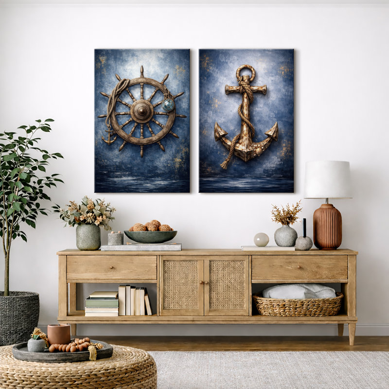 Art nautique de roue de bateau et ancre, photos de salon côtier, impression sur toile encadrée, 2 pièces, Toile tendue