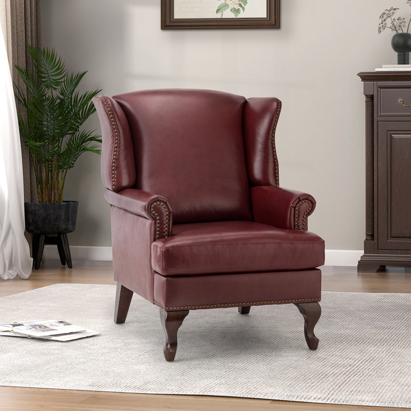 Fauteuil à oreilles Anapatria en cuir véritable, Cuir fleur bourgogne