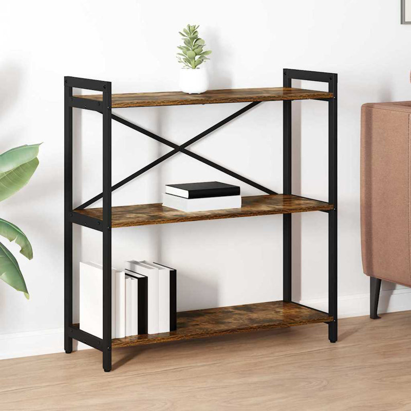 Steel Bookcase, (3 Shelves) 83cm H x 80cm W x 30cm D, Dark Brown