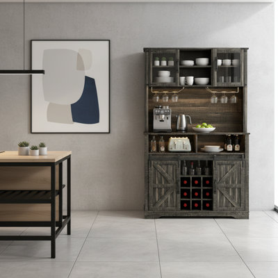 70" Tall Farmhouse Coffee Bar Cabinet With Sliding Barn Door, Power Outlet & Led Lighting by Ophelia & Co.