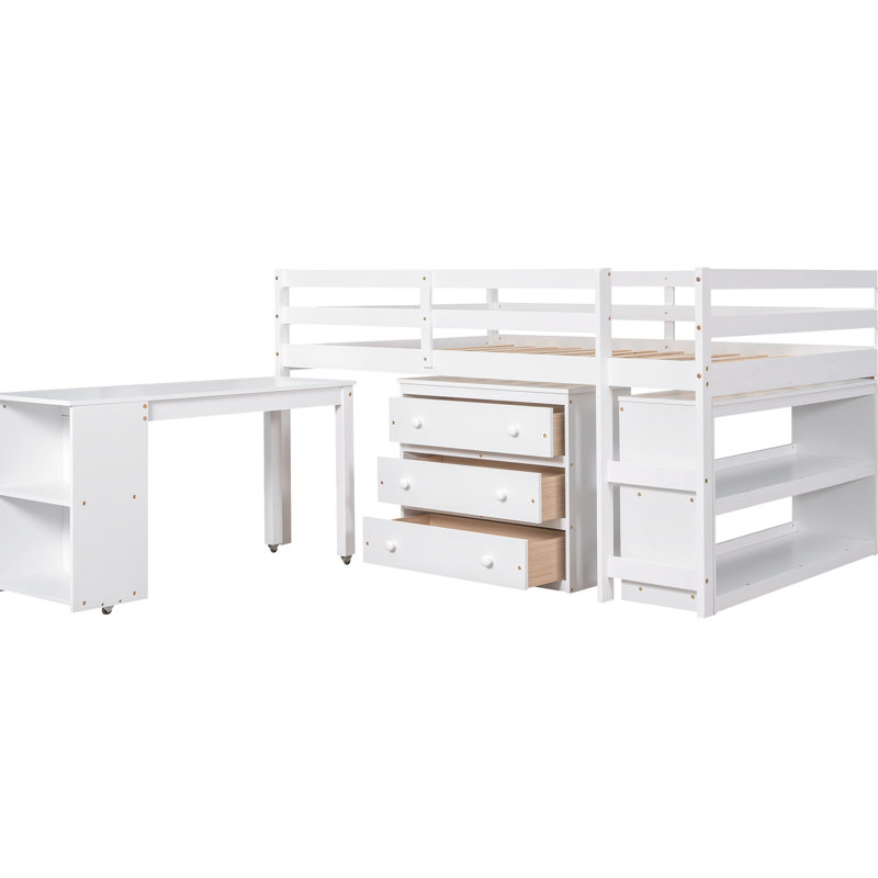 Lit mezzanine double blanc avec fonctions multiples, bureau à roulettes et armoire de bureau multifonctionnelle à trois niveaux avec rangement blanc, fabrication en bois de pin, nombreuses options
