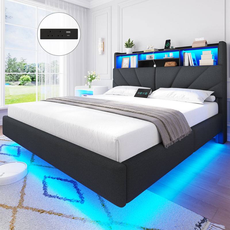 Floating Bed Frame with Charging Station, LED Lights and Upholstered Headboard for Bedroom, Modern Floating Beds with Hidden Storage Compartment, No Box Spring Needed