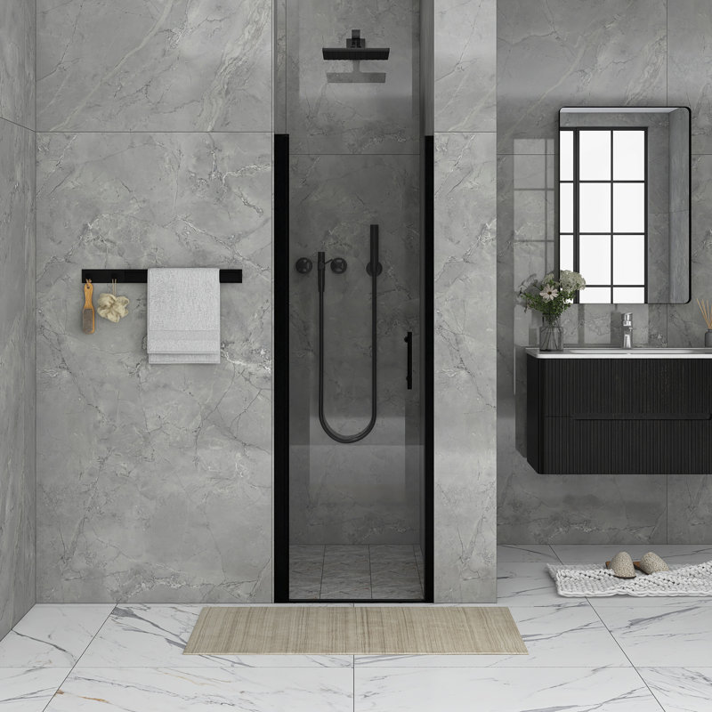 24 In. W X 72 In. Pivot Semi-Frameless Shower Door In Matte Black Finish