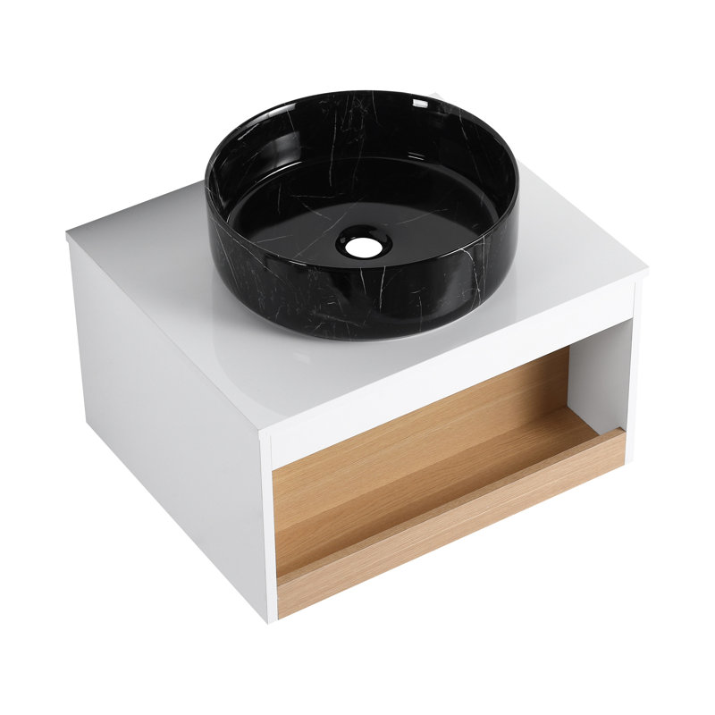 Meuble-lavabo flottant avec lavabo vasque en veine de marbre, meuble-lavabo mural avec tablette ouverte, finition blanche avec accents de bois
