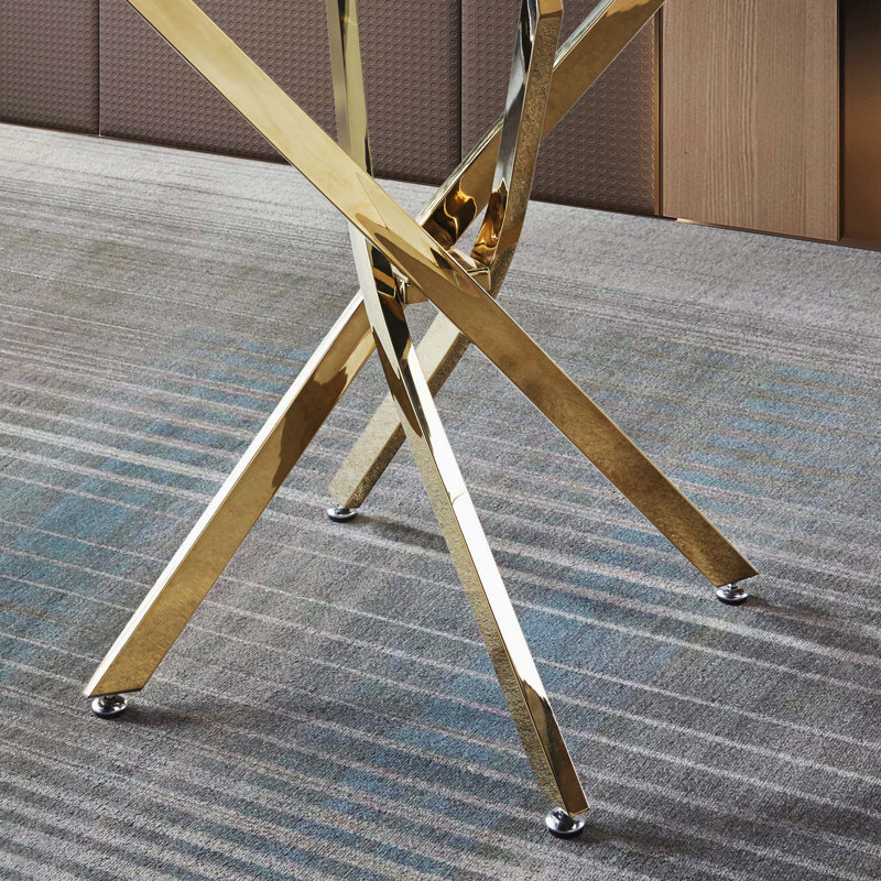 Contemporary Round Clear Tempered Glass Dining Table With Gold Stainless Steel Legs, Transparent/Gold