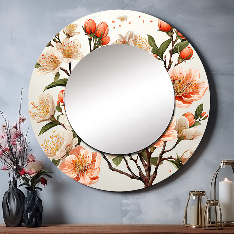 Decorah Peach Blossom Bliss IV - grand miroir mural floral, miroir rond traditionnel unique, impression d'art en métal