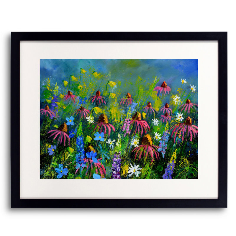 Rudbeckias par Pol Ledent - Peinture, H 17,25 po x l 21,25 po, Papier avec cadre noir
