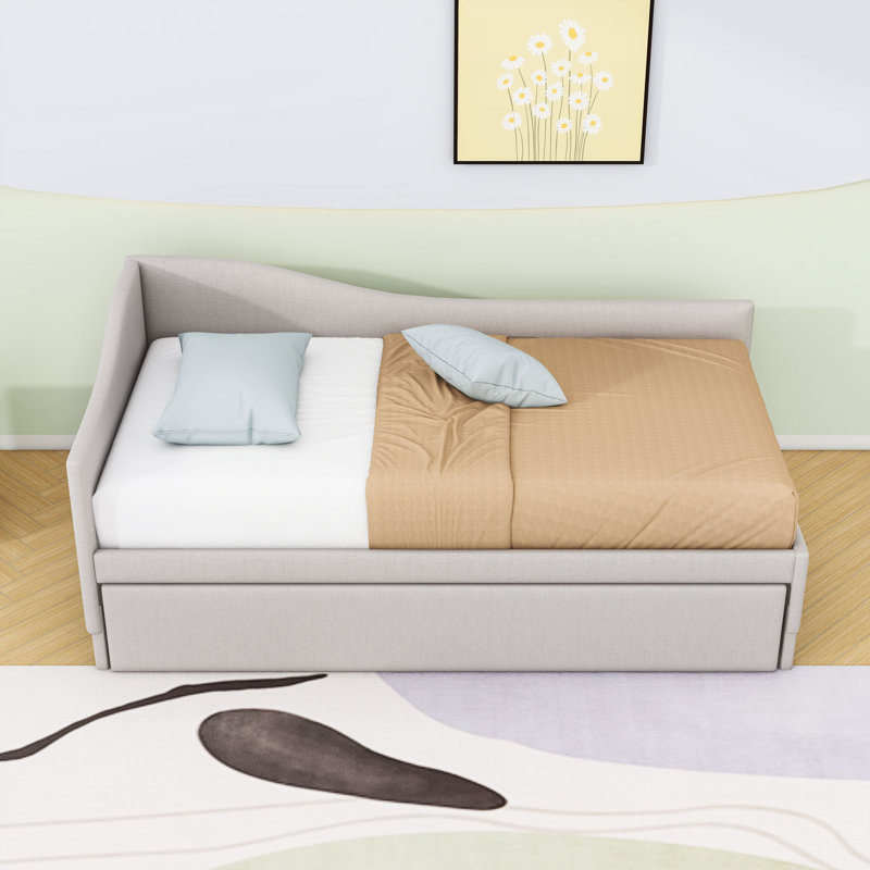 Twin Upholstered Daybed with L-Shaped Backrest and Twin Pop-Up Trundle, Beige