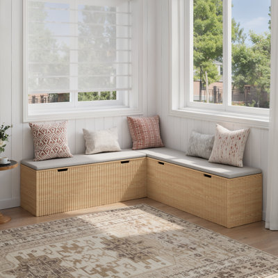 L-Shaped Storage Bench With Cushion- Modern Corner Breakfast Nook Bench For Kitchen, Entryway- Natural