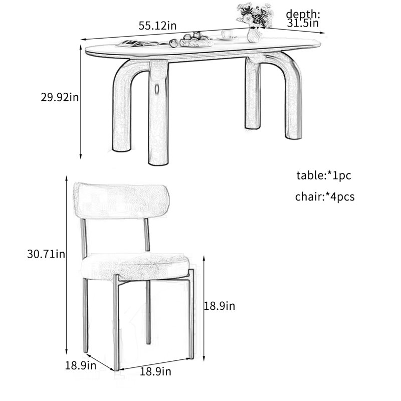 Ensemble de table de salle à manger durable à panneau en pierre durable., H 29,92 po x L 55,12 po x l 31,5 po