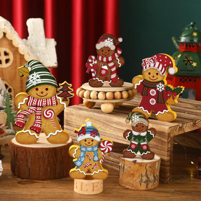 5 pièces de pain d'épice de Noël pour homme en bois, signe de pain d'épice, centre de table de Noël, figurine vintage en bois, décorations de Noël en bois pour foyer