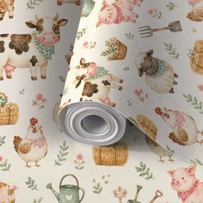 Peel and Stick Wallpaper Contact Paper Farm Animal Watercolor Seamless Cow Pig Self Adhesive and Removable 24in x 118in(60x300cm)
