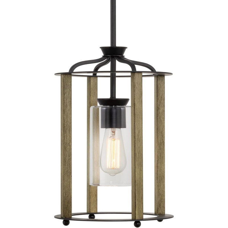 Luminaire suspendu de style campagne moderne à 1 lumière de 15 po + abat-jour cylindrique transparent en bois de bouleau fumé + finition noire
