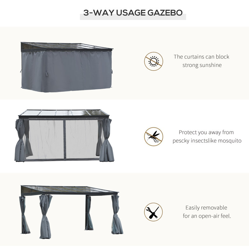 Large Gray Aluminum Patio Gazebo with Polycarbonate Roof