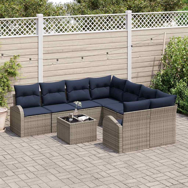 Ensemble de canapé de jardin 9 pièces 55 x 55 x 37 cm en rotin de polyester gris, Coussin bleu marine / structure grise
