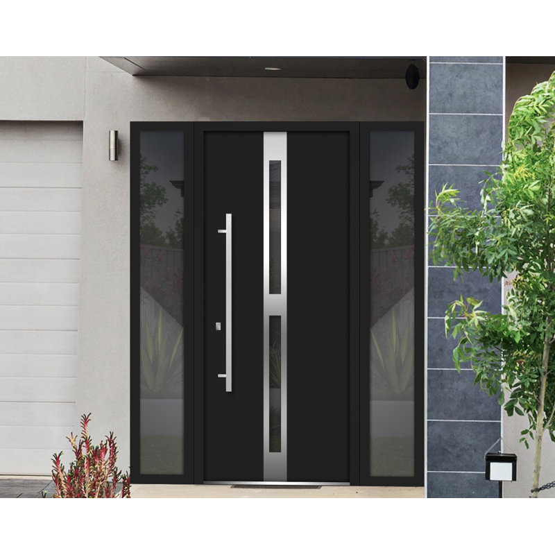 Porte avant en acier pré-suspendue à l'avant / deux en émail noir 1755/2 fenêtres extérieures latérales / inserts en acier inoxydable simples peints modernes - l 16 + 36 + 16 po x H 80 po - droitier