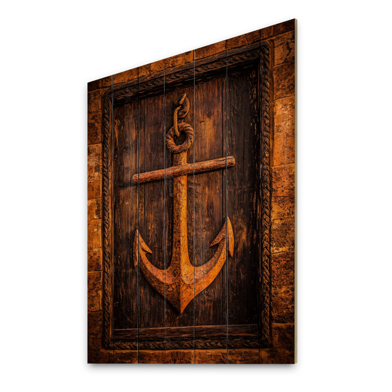 Rustic Anchor Rope On The Pirate Door - Coastal Wood Wall Decor On Natural Pine Wood, 44" H x 34" W