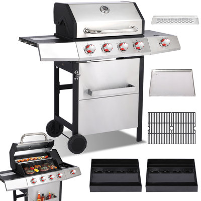 Barbecue au propane à 4 brûleurs avec brûleur latéral, barbecue 3-en-1 avec fumoir au charbon et plaque chauffante, 46750 BTU, 448 po² Station de cuisson extérieure en acier inoxydable