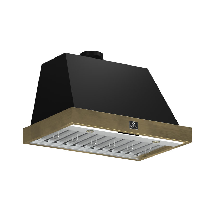 Forno Vittorio 36" Wall Mount Range Hood & Antique Brass Trim, 600 CFM with Baffle Filters, Black