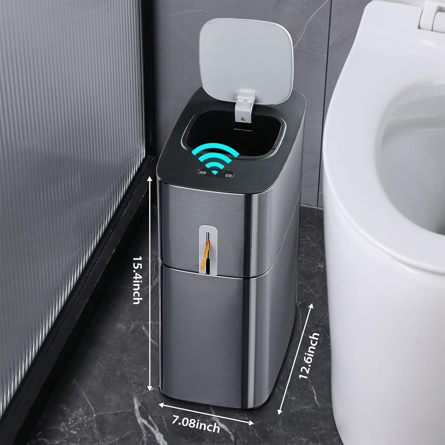 X－MAX FURNITURE Touchless Bathroom Trash Can, 4 Gallon Narrow Metal ...