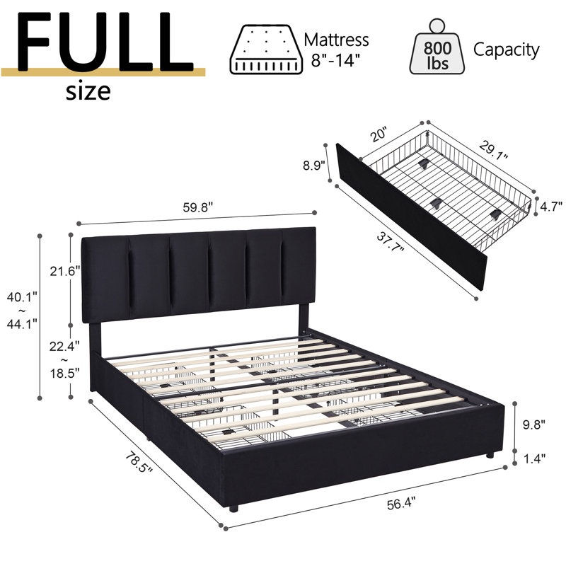 Lit plateforme tapissier avec rangement Cahlin, Double, Noir