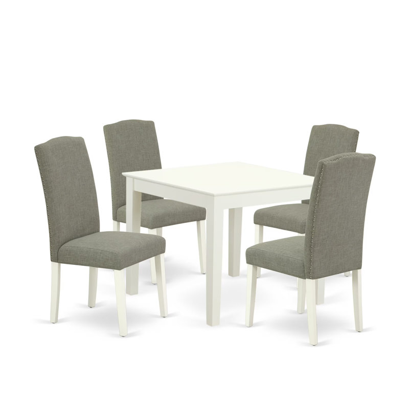 Ensemble de table de salle à manger moderne 5 pièces comprenant une table carrée en bois et 4 chaises Parson rembourrées en lin Shitake foncé, lin blanc