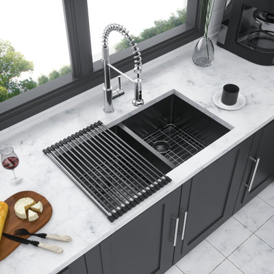 Gunmetal Black, 33" Double Bowl, Undermount Kitchen Sink, 50/50 16 Gauge, 10" Deep, Hand - , Rear 3.5 Drain, X Grooves, Sound Proofing Mats, Condensation Finish, Drying Roll Up Rack, , Grid Double