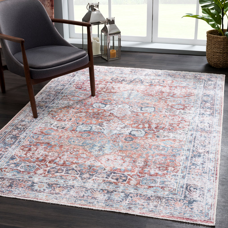 Washable Non-Slip Traditional Rug - Brick / Dark Blue Rug for Entryway, Hallway, Bathroom, and Kitchen, Rectangle 2' x 3'