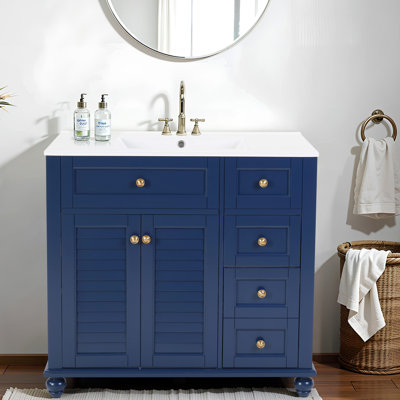 36" Blue Bathroom Vanity With Ceramic Sink, Solid Wood Frame, Soft-Close Mechanism, And Organized Storage Capacity - 92X47x86cm, Single Drawer, Double Inner Shelves Adjustable Layers, 12" 3-Section