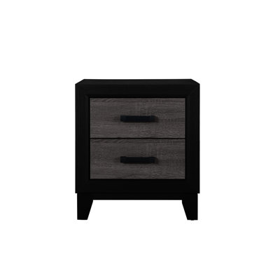 Table de chevet à 2 tiroirs gris foncé et noir avec incrustation de bois rustique, esthétique urbaine, rangement spacieux, finition papier, panneau de particules, 21,79 po de profondeur, poids de 58,19 lb