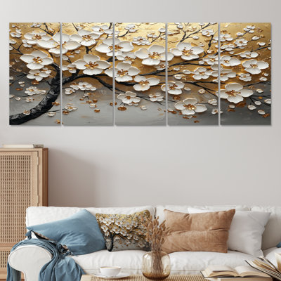 Dreaming White and Gold Cherry Blossom Branch I - Ensemble de décoration murale cerisier en fleurs