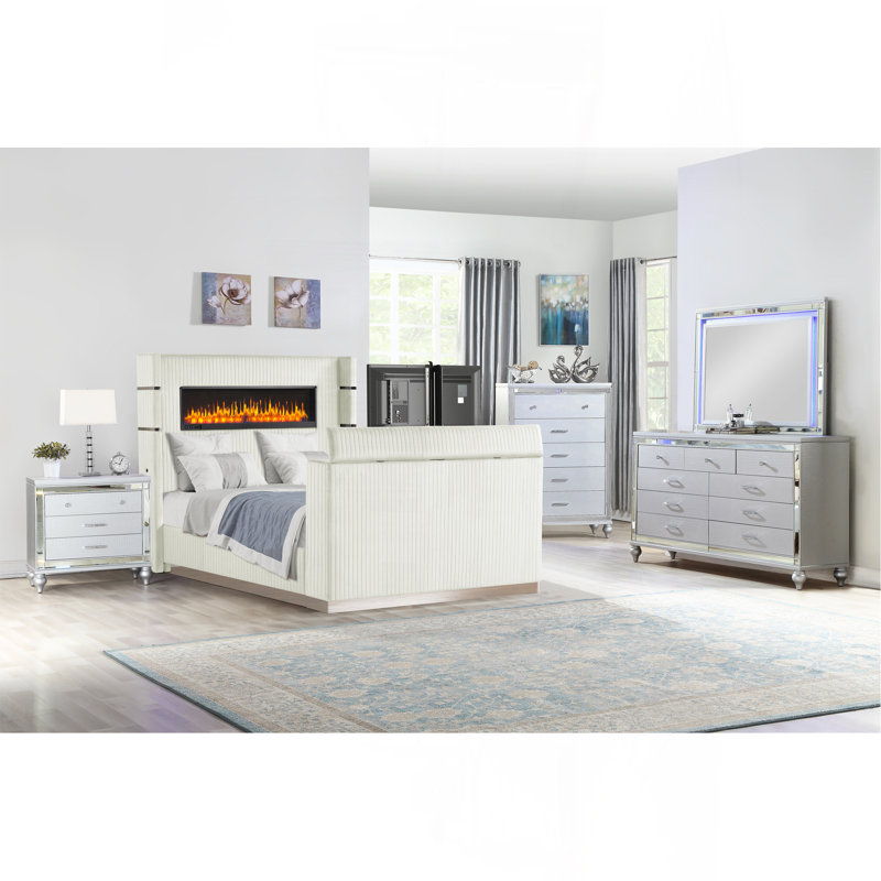 Ensemble de chambre à coucher de style moderne 5 pièces avec foyer dans la tête de lit et meuble télé dans le pied de lit